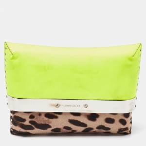 Jimmy Choo Neon/Brown Leopard Print Calfhair and Patent Leather Clutch