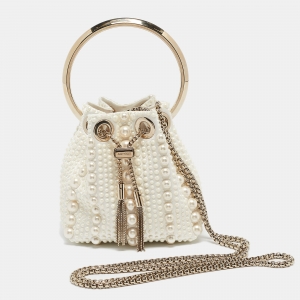 Jimmy Choo Ivory Satin Micro Pearl Embellished Bon Bon Bucket Bag