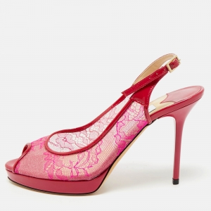 Jimmy Choo Pink/Burgundy Patent and Lace Nova Slingback Sandals Size 36