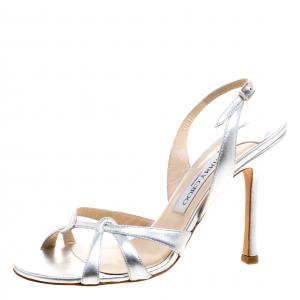 Jimmy Choo Metallic Silver Leather Slingback Open Toe Sandals Size 38