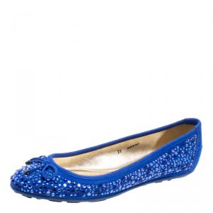 Pre Owned Jimmy Choo Blue Crystal Embellished Suede Weber Ballet Flats Size 38