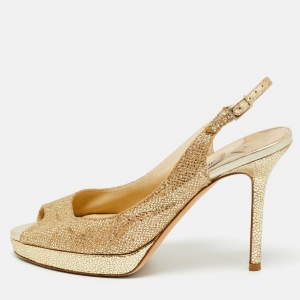 Pre Owned Jimmy Choo Gold Lurex Fabric verity Peep Toe Pumps Size 36