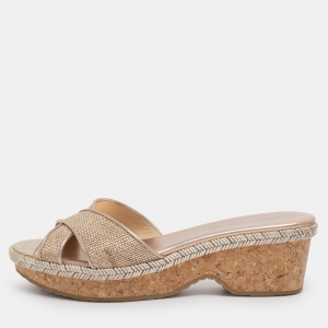 Pre Owned Jimmy Choo Gold Woven Raffia Panna Wedge Sandals Size 36
