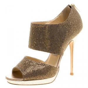 Pre Owned Jimmy Choo Metallic Bronze Glitter Fabric Private Platform Sandals Size 38