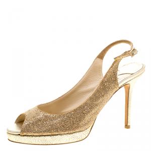 Jimmy Choo Metallic Gold Glitter Fabric Clue Peep Toe Platform Slingback Sandals Size 38