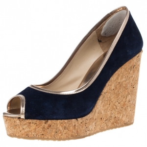 Pre Owned Jimmy Choo Blue Suede Papina Cork Wedge Pumps Size 39