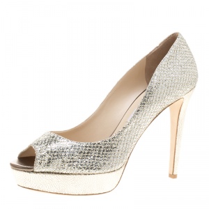 Pre Owned Jimmy Choo Silver Glitter Fabric Luna Peep Toe Platform Pumps Size 38