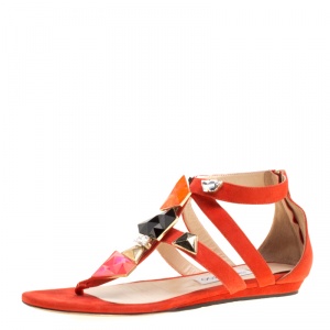 مملوكة مسبقًا Jimmy Choo Orange Suede Agave Crystal Embellished T Strap Flat Sandals Size 39