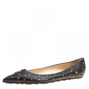 Pre Owned Jimmy Choo Black Leather Crystal Star Studded Pointed Toe Ballet Flats Size 41