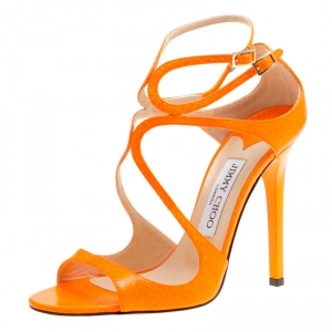 Pre Owned Jimmy Choo Neon Orange Python Leather Lance Strappy Sandals Size 37