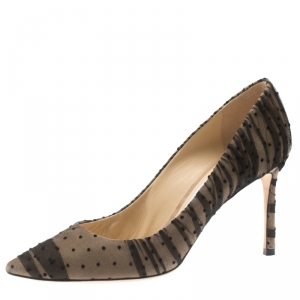 مملوكة مسبقًا Jimmy Choo Beige Suede And Black Mesh Romy Polka Dot Pointed Toe Pumps Size 38.5