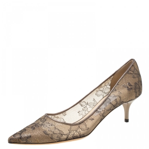 Pre Owned Jimmy Choo Metallic Bronze Lace Romy Pointed Toe Pumps Size 37
