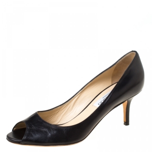 Pre Owned Jimmy Choo Black Leather Isabel Peep Toe Pumps Size 37.5