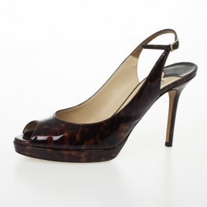 Pre Owned Jimmy Choo Nova Patent Tortoise Peep Toe Slingback Sandals Size 38.5