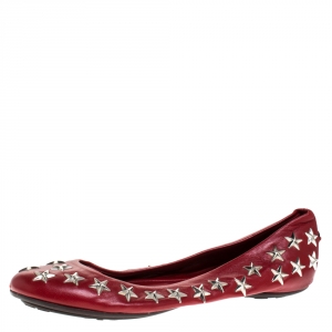 Pre Owned Jimmy Choo Red Leather Windsor Star Embellished Ballet Flat Size 39