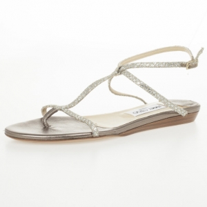 Pre Owned Jimmy Choo Champagne Glitter 'Fiona' Flat Thong Sandals Size 38