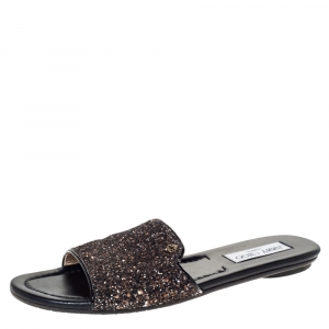 Pre Owned Jimmy Choo Metallic Brown Coarse Glitter Nanda Flat Slides Size 39