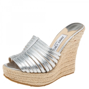 مملوكة مسبقًا Jimmy Choo Silver Leather Wedge Espadrille Platform Slide Sandals Size 36