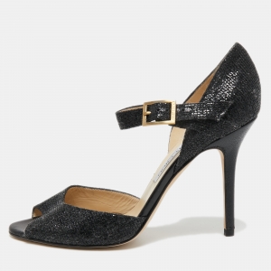 Pre Owned Jimmy Choo Black Coarse Glitter Peep Toe Ankle Strap Pumps Size 40.5