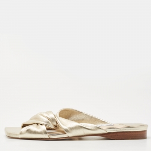 Pre Owned Jimmy Choo Gold Leather Crisscross Slide Flats Size 39.5