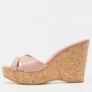 Pre Owned Jimmy Choo Pink Croc Embossed Prima Wadge Espadrilles Size 37 