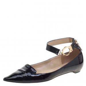 Pre Owned Jimmy Choo Black Patent Leather Devise Ankle Strap Pointed Toe Flats Size 39.5