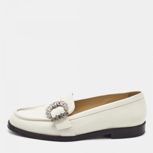 Jimmy Choo White Leather Crystal Embellished Loafers Size 38.5
