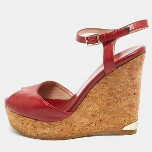 Jimmy Choo Red Leather Pela Cork Wedge Sandals Size 35.5