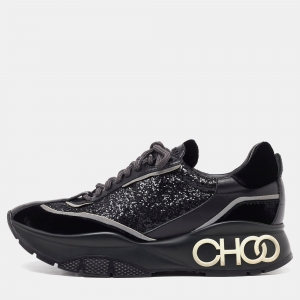 Jimmy Choo Black Glitter and Velvet Raine Sneakers Size 40