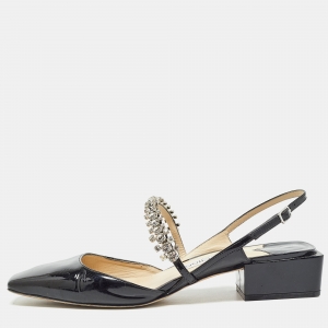 Pre Owned Jimmy Choo Black Patent Crystal Embellished Slingback Flat Sandals Size 40