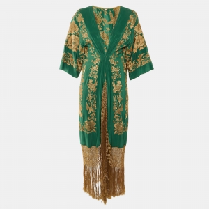 Pre Owned Johanna Ortiz Green Embroidered Silk Contigo en La Distancia Fringed Dress S