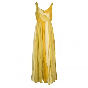 John Galliano Yellow Draped Silk Sleeveless Maxi Dress L