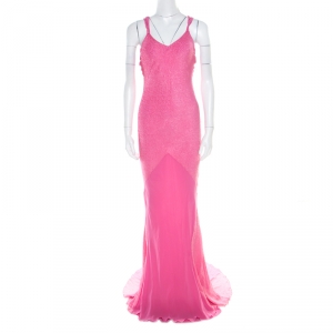 John Galliano Pink Textured Draped High Low Maxi Dress L