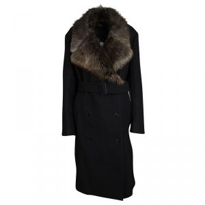 Joseph Black Wool Contrast Fur Collar Drap De Laine Belted Overcoat L