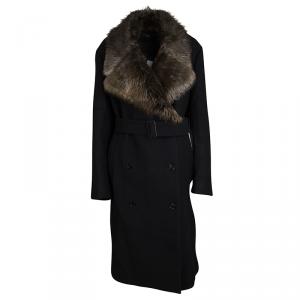 Joseph Black Wool Contrast Fur Collar Drap De Laine Belted Overcoat L