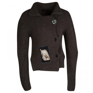 Joseph Mahogany Brown Button Knit Applique Detail Chunky Cardigan M