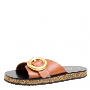 Joseph Brown Leather Buckle Detail Flat Slides Size 40