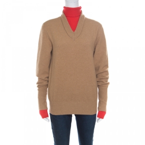 Jospeh Camel Brown and Red Faux Layered V+High Neck Wool Blend Sweater M
