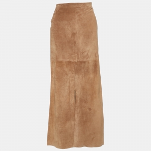Joseph Brown Suede Box Pleated Maxi Skirt S