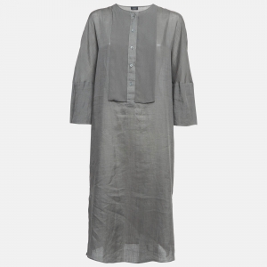 Joseph Grey Ramie Long Sleeve Buttoned Midi Dress L 