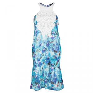 Pre Owned Just Cavalli Blue Eyelet Embroidered Lace Detail Sleeveless Drop Waist Dress M