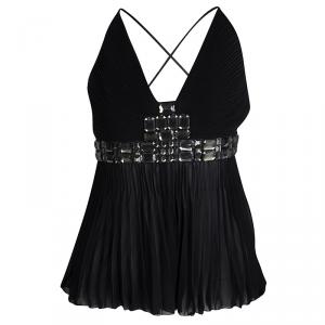 Pre Owned Just Cavalli Black Embellished Plisse Silk Sleeveless Top M