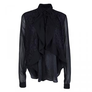 Pre Owned Just Cavalli Black Lace Panel Detail Long Sleeve Tricot Mesh Blouse S