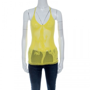 Pre Owned Just Cavalli Yellow Tricot Mesh Lizard Motif Halter Top (Free Size)
