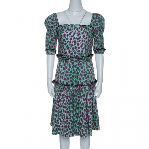 Pre Owned Just Cavalli Green and Pink Leopard Printed Cotton Tiered Dress S