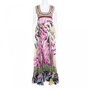 Just Cavalli Multicolor Printed Cotton Knit Bodice Detail Sleeveless Maxi Dress L