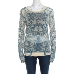 Pre Owned Just Cavalli Cream and Teal Printed Nylon Mesh Long Sleeve Sheer Top L
