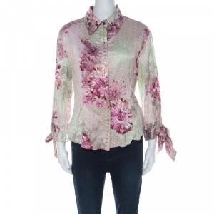 Pre Owned Just Cavalli Pink and Green Floral Printed Crinkled Satin Crystal Embellished Shirt L 