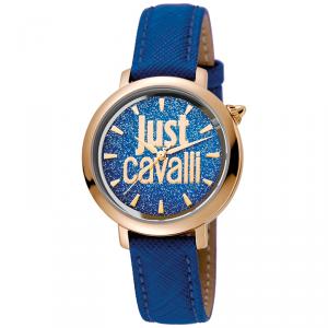 Pre Owned Just Cavalli Blue Rose Gold Plated Stainless Steel Logo JC1L007L0035 Women's Wristwatch 34MM