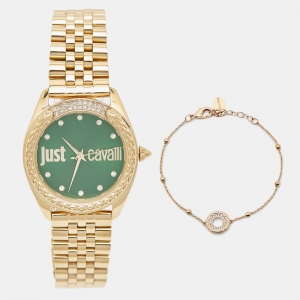 Just Cavalli Green Gold Plated Stainless Steel Crystal Brillante JC1L195M0075 Women's Wristwatch Set 34 mm